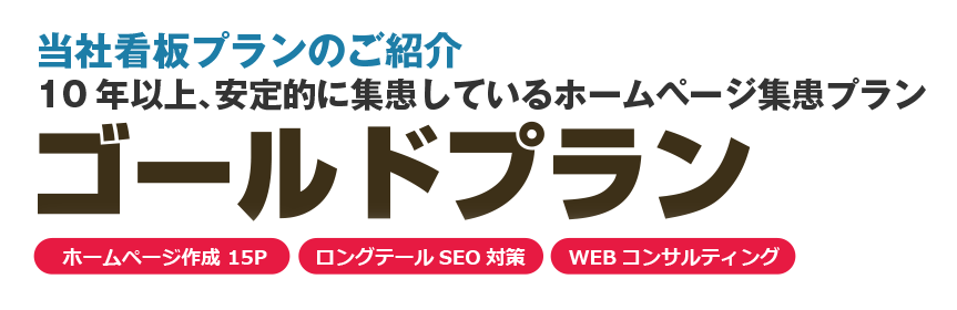 当社看板プランのご紹介!10年以上、安定的に集患しているホームページ集患プラン「ゴールドプラン」
ホームページ作成 15P・ロングテールSEO対策・WEBコンサルティング